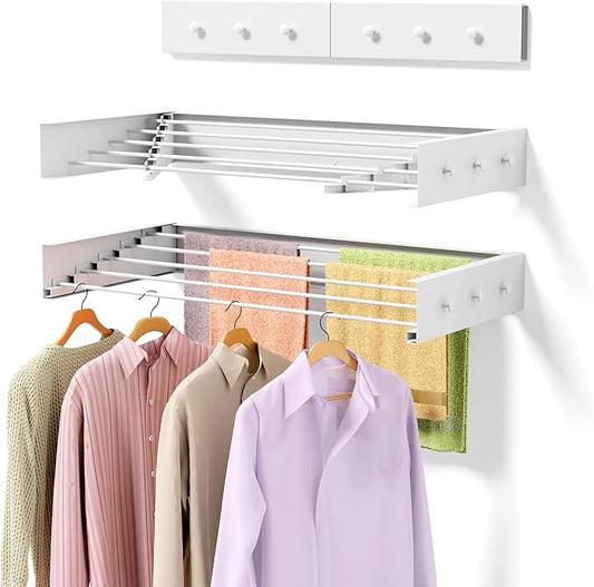 Upgrade Wall Mounted Drying Rack with 6 Hooks, 31.5" Foldable Laundry Rack, 5 Rods & Hooks Space Saver for Bathroom, Collapsible Clothing Rack with Template for Indoor Outdoor (White)