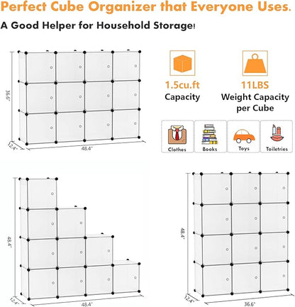 C&AHOME Cube Storage Organizer with Doors, 12-Cube Shelves, Closet Cabinet, DIY Plastic Modular Bookshelf Ideal for Bedroom, Living Room, 36.6”L x 12.4”W x 48.4”H Transparent White USHS3012W-DOOR