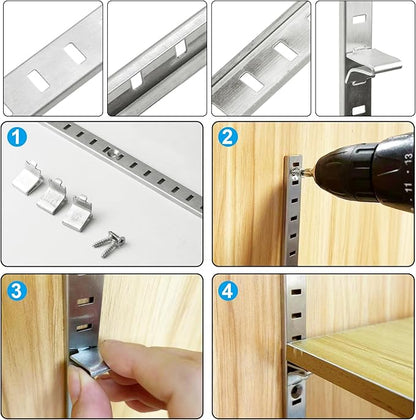 20 Sets 17 Inch Steel Pilaster Shelf Brackets, Adjustable Mortise Mount Rails with Shelf Support Clips and Screws for Wall Shelving, Cabinet, Closet Organization