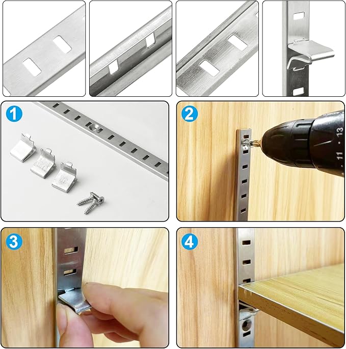 8 Packs 17 Inch Steel Pilaster Shelf Brackets, Adjustable Mortise Mount Rails with Screws for Wall Shelving, Cabinet, Closet Organization, Shelf Clips Not Included
