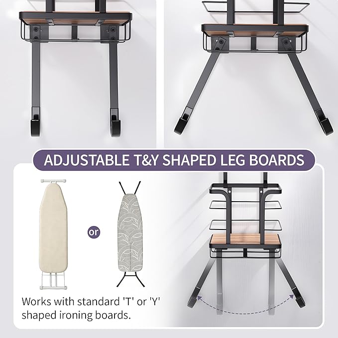 Over the Door Ironing Board Holder - Iron Board Hanger Wall Mount Ironing Board Storage with T/Y Shape Design for Space Saving, No Drilling