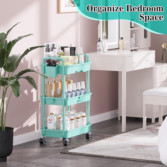 3-Tier Rolling Cart with Drawer & Lockable Wheels, Bathroom Storage Organizer Multifunctional Rolling Storage Cart for Bathroom, Kitchen, Office, Craft, Makeup, Baby Essentials, Blue