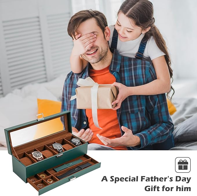 ProCase Watch Box, 6 Slot Watches Display Case with Drawer, Mens Watch Case with Glass Lid, 2-Layer Mens Jewelry Organizer Storage Holder, Birthday Valentine Gifts for Men -6 Slot, MidnightGreen