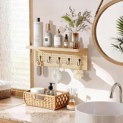 Homode Coat Rack Wall Mount with Shelf, Boho Rattan Entryway Wall Shelf with Hooks, Natural Wood Floating Shelves with 5 Pegs, Hanging Coat Hooks Hat Hanger for Nursery Bedroom Living Room Kitchen