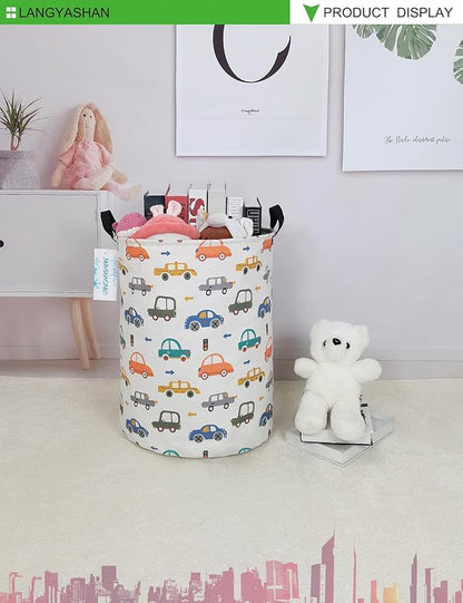 LANGYASHAN Laundry Basket Canvas Fabric Collapsible Organizer Basket for Storage Bin Toy Bins Gift Baskets Bedroom Clothes Children Nursery Hamper (Round Color Cars)