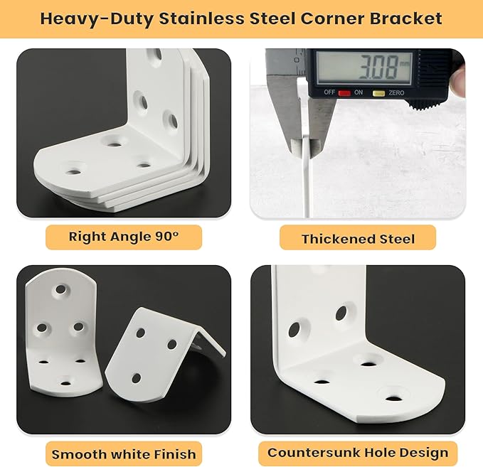 Alise 4Pcs Shelf Brackets White, Stainless Steel Floating Shelf Brackets Corner Brackets, L Brackets for Shelves, 90 Degree Angle Bracket, Heavy Duty Shelf Brackets for Wood Furniture (1.97X1.97 in)