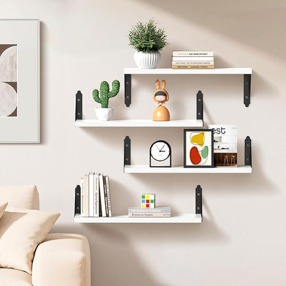 Wood Floating Shelves Set of 4, Rustic Storage Decor Wall Shelves, Wall Mounted Shelf for Living Room, Bedroom 17" x 6", White