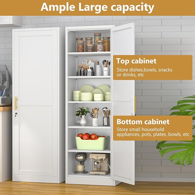 Metal Storage Cabinet with Lock and 5 Adjustable Shelves, Steel File Cabinets, Kitchen Pantry Cabinet Locker Organizer - 67" Tall Storage Cabinets for Kitchen,Bathroom,Bedroom,Office,White