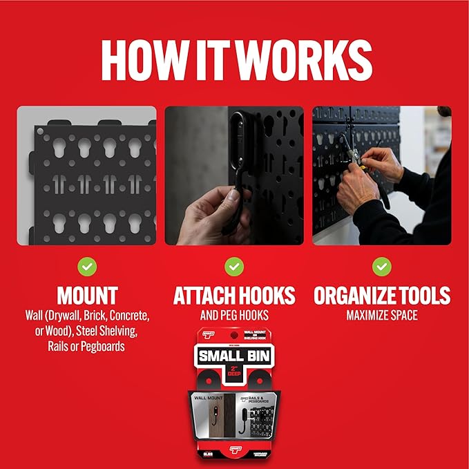 Smart T Pegboard Bin Attachment | 2" Deep Bin for Tool Organization | Add to Your Garage Pegboard, Space Saving Tool Holder - Wall Mount or Shelving Hooks