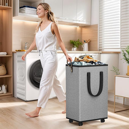 Laundry Basket with Wheels, Collapsible Laundry Baskets, Laundry Hamper with Handles Detachable Wheels, Rolling Laundry Basket, Dirty Clothes Hamper for Bathroom, Dorm, Bedroom, Grey, 80L