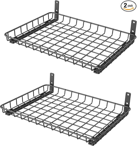 WALMANN Garage 12x18 inch Wall Shelf, Wall-Mounted Storage Shelves for Garage, Closet, Laundry Room, Heavy Duty Wall Shelving, Holds Up to 60 lbs(Pack of 2, Black)