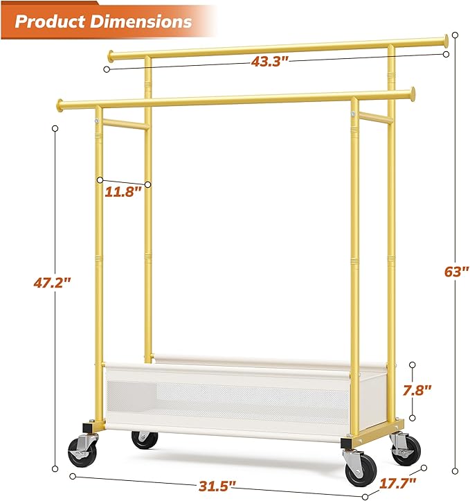 Clothes Rack, Double rods clothing rack, Clothing Racks for hanging clothes, Rolling clothes rack with Storage Basket & Heavy Duty Wheels, garment rack for Bedroom, Laundry Room, Gold