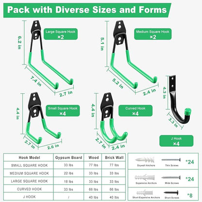 Garage Hooks, 20-Pack Steel Garage Accessories for Organization and Storage, Heavy Wall Mount Duty Hooks with Anti-Slip Coating for Hanging Ladder, Bike, Power Tools and More Tools, Green