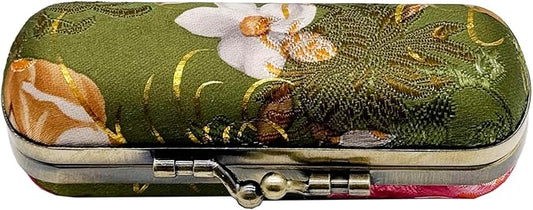 MIAO JIN Lipstick Case with Mirror Lipstick Holder Storage Bag Kiss Lock of Iron Mini Portable Vintage Floral Pattern Jewelry Cosmetic Case (Military Green)