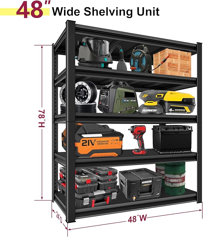 48''W Garage Shelves Heavy Duty - 3,000Lbs Steel Metal Adjustable Utility Storage Shelving Rack Units 48" W x 24" D x 78" H 5 Tier Black