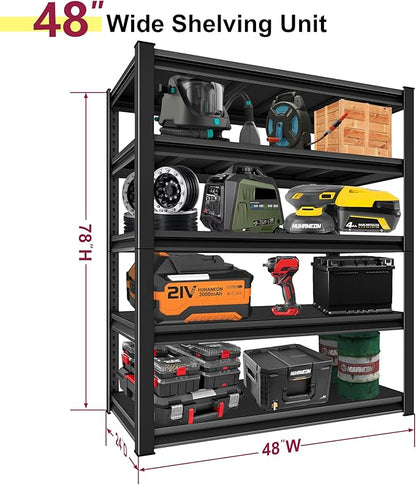 48''W Garage Shelves Heavy Duty - 3,000Lbs Steel Metal Adjustable Utility Storage Shelving Rack Units 48" W x 24" D x 78" H 5 Tier Black