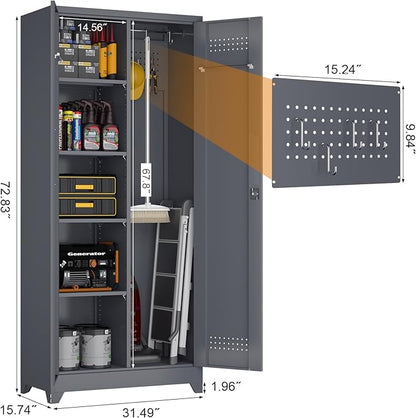 GREATMEET 72.8" H Tall Metal Garage Storage Cabinet for Cleaning Tools, Lockable Double Door Utility Organizer with Pegboard & Tool Hanging Bars, Grey
