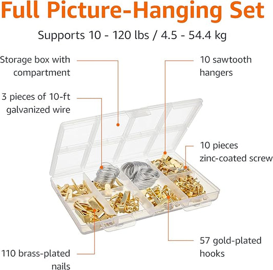 Amazon Basics Picture Hanging Hardware Assortment Kit, 220 Piece Set, Brass