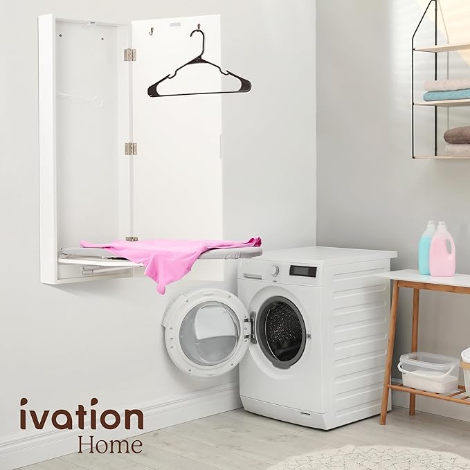 Ivation Wall-Mounted Ironing Board Cabinet with Mirror, Foldable Ironing Storage Station for Home, Apartment, Easy-Release Lever, Garment Hooks, White
