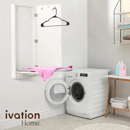Ivation Wall-Mounted Ironing Board Cabinet with Mirror, Foldable Ironing Storage Station for Home, Apartment, Easy-Release Lever, Garment Hooks, White