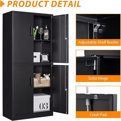 Metal Storage Locking Cabinet, 71" Tall Metal Cabinet with 4 Doors and 2 Adjustable Shelves, Locking Steel Cabinet for Home, School, Office, Gym, Garage Storage (Black)