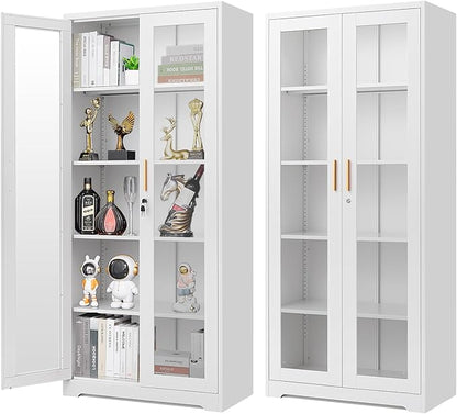 Display Cabinet with Glass Doors, 71'' Tall Curio Cabinets with Lock, Metal Glass Display Case for Collectibles, Living Room, School, Commercial, White, Assemble Required