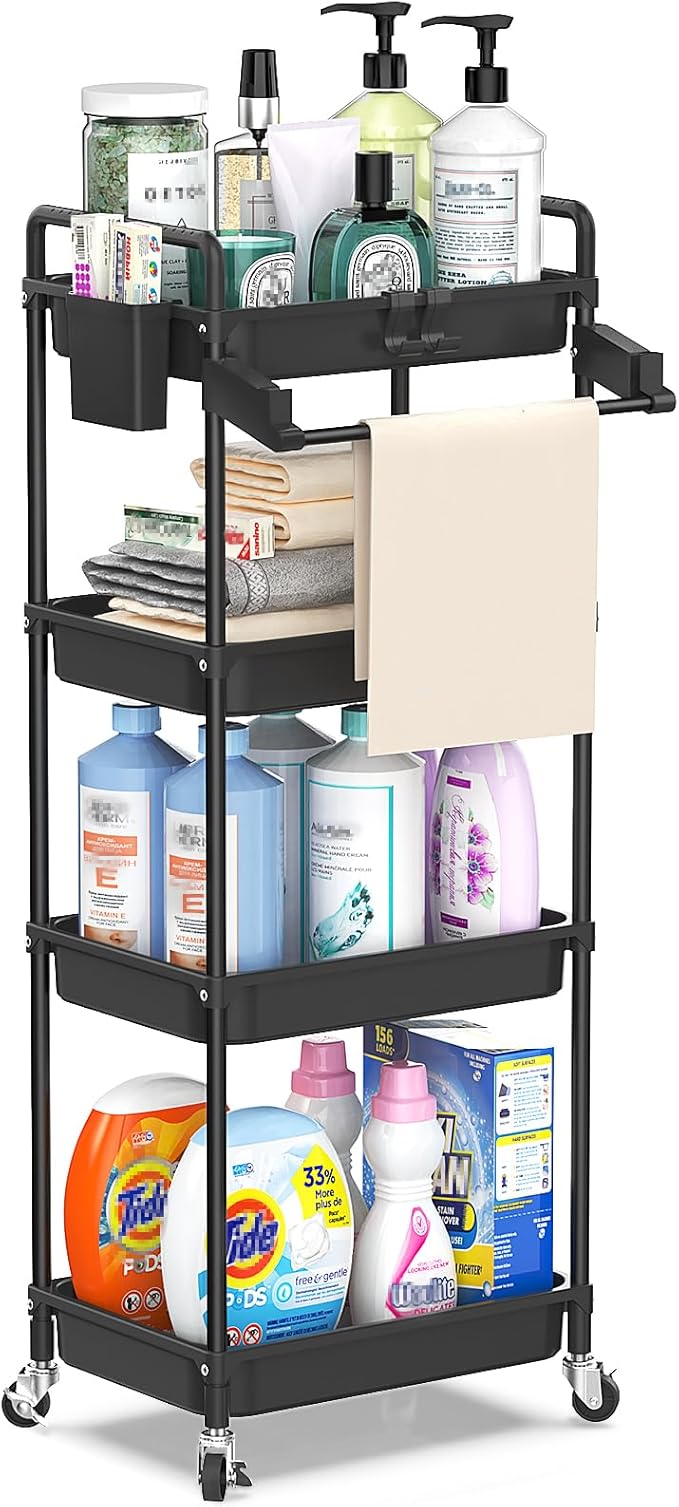 SPACEKEEPER Rolling Storage Cart, 4-Tier Bathroom Organizer Utility Cart Laundry Room Organization Mobile Shelving Unit with Towel Rack, Lockable Wheel, Hooks & Cup for Kitchen Bedroom Office, Black