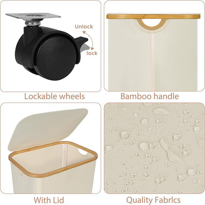 Laundry Basket with Wheels,100L Hampers for Laundry,Large Laundry Hamper with Lid and Bamboo Handles,Collapsible & Waterproof Tall Cloth Hamper for Dormitory Family，Beige