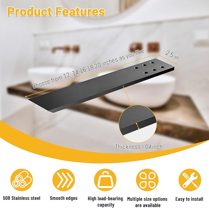 Hidden Granite Countertop Support Brackets 4 Pack 16" L x 2.5" W,3/8" Thick Heavy Duty Counter top Brackets,Flat Black Wall Mount Support Countertop Overhang Support for Quartz, Wood, Concrete,Island