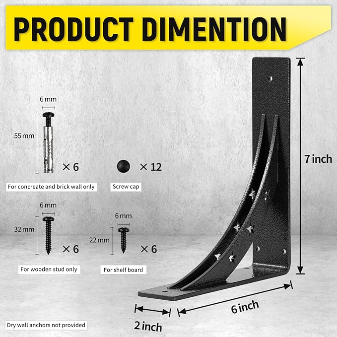 7 inch x 6 inch Heavy Duty Shelf Brackets，max Load 900 LBS,Premium Alloy Metal Mantel Brackets , (Set of 2) Fireplace Mantel Brackets - Countertop Support Brackets (Black-Metallic Silver)
