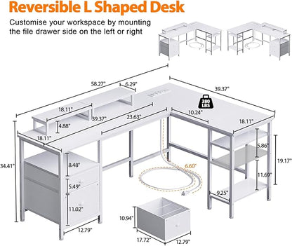 Furologee White 59” L Shaped Desk with Power Outlet, Reversible Computer Desk with File Drawer & 2 Monitor Stands, Corner Home Office Table with Storage Shelves for Gaming Writing
