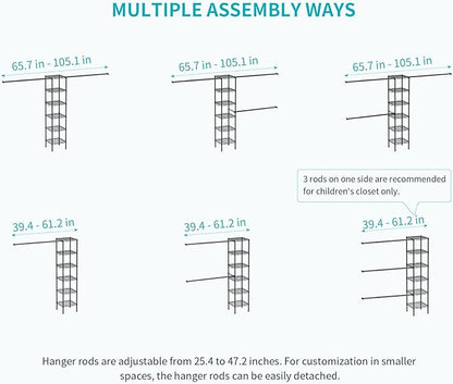 Ulif M1 Closet Storage Organizer System, 6 Tiers Heavy Duty Metal Garment Rack with 3 Expandable Hanger Rods, Wall Mounted Space Saver Suits from 5.4-8.7 ft. Width, 71.2”H x 14”D, 700LBS, Black