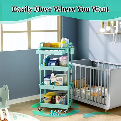 4 Tier Rolling Utility Cart with Drawer, Storage Organizer Cart with 2 Lockable Wheels, Multifunctional Rolling Storage Cart for Bathroom, Kitchen, Craft, Makeup, Baby Essentials, Blue