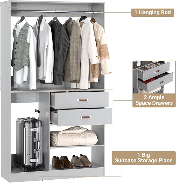 Armocity Freestanding Closet System with Suitcase Storage, 40 Inches Stand-alone Wardrobe with 2 Wood Drawers, 80'' Height Adjustable Cloth Garment Rack, Walk-in Closet with Hanging Rod, Grey