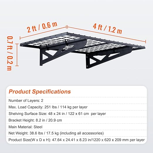 VEVOR Heavy Duty Wall Mounted Shelves, 2 x 4 ft, 2 Pack, 502 lbs Load Capacity, Suitable for Shop, Shed, Garage Storage