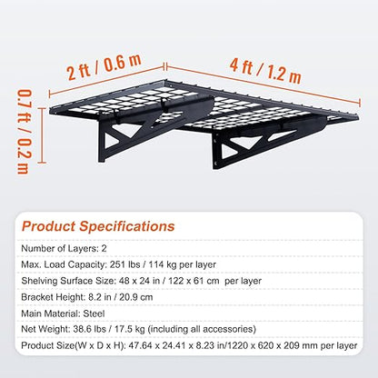 VEVOR Heavy Duty Wall Mounted Shelves, 2 x 4 ft, 2 Pack, 502 lbs Load Capacity, Suitable for Shop, Shed, Garage Storage