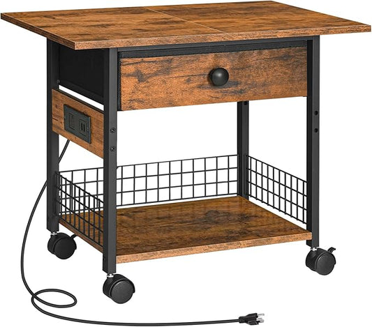 HOOBRO Printer Stand with Charging Station, 2-Tier Printer Cart, Under Desk Printer Table with Power Outlet, Wheeled Printer Table with Fabric Drawer, for Home Office, Rustic Brown and Black BF56UPS01