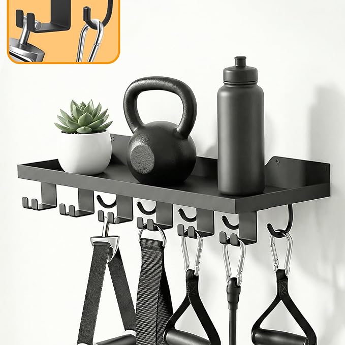 Floating Shelf Organizer Compatible with Tonal Accessories,16.9x6Home Gym Weight wall Storage Equipment Hanger, Metal Rack Holder Wall Mount with 5 T-Lock Brackets & Hooks Hanger (Black)