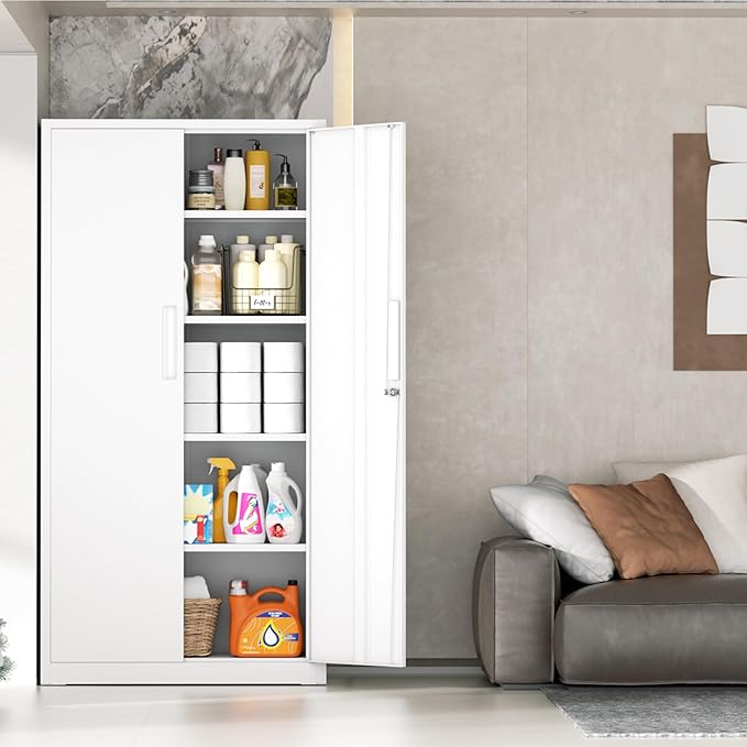 INTERGRAET 63" H Pantry Cabinet, Kitchen Pantry Storage Cabinets with 2 Doors and 4 Shelves,White Metal Storage Cabinet,Cupboard for Home,Kitchen,Living Room/Dining
