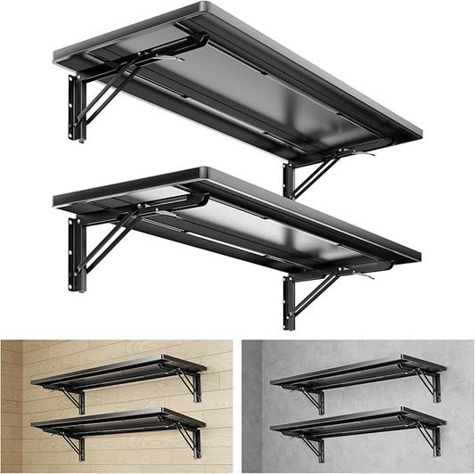 1.2x3FT Adjustable Garage Shelf Wall Mounted Fold Down Shelf Metal Heavy Duty Black 2Pack