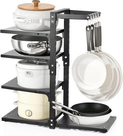 4-Tier Pot and Pan Organizer Rack, Adjustable Kitchen Cabinet Storage with Hooks, Black Metal, Space-Saving Cookware Holder