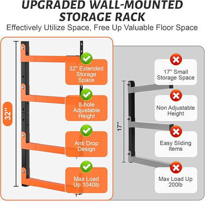 32" Lumber Storage Rack, Upgrade Folding Lumber Rack Wall Mount, Heavy Duty Adjustable Metal 8 Level Wood Storage Rack for Garage Storage Organization, 4 Packs
