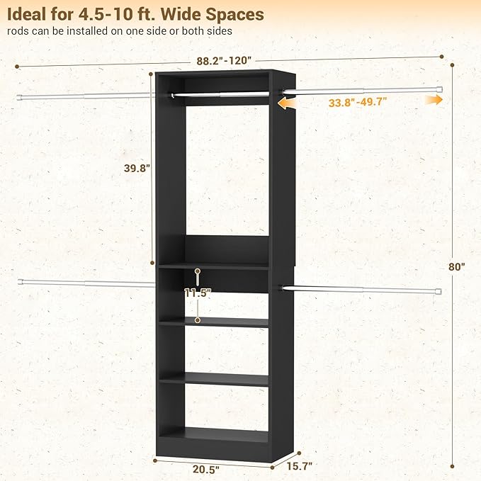 Homieasy Closet Organizer System, 4.5-10ft Modular Wooden Storage with 5 Hanging Rods & Shelving Tower, Adjustable for Walk-in Reach-in Bedroom Closets, Black