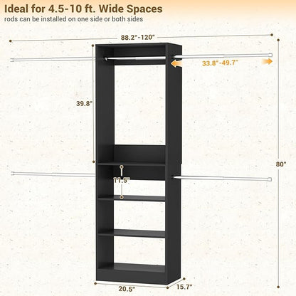 Homieasy Closet Organizer System, 4.5-10ft Modular Wooden Storage with 5 Hanging Rods & Shelving Tower, Adjustable for Walk-in Reach-in Bedroom Closets, Black