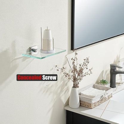 JQK Bathroom Glass Shelf Chrome, Tempered Glass Shower Storage 8 by 5 inches, 304 Stainless Steel Polished Chrome Wall Mount, TGS201L8-CH