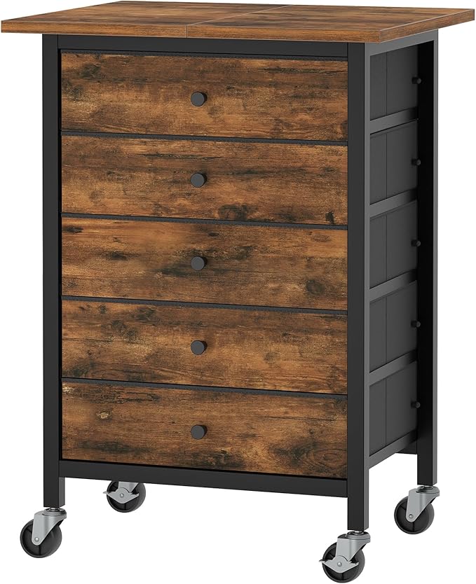 5 Drawer File Cabinet,Rolling Filing Chest Cabinet with Wheels, Under Desk Storage Organizer, Printer Stand with Non-Woven Fabric Drawer, for Home Office, Study, Rustic Brown FCHR4801