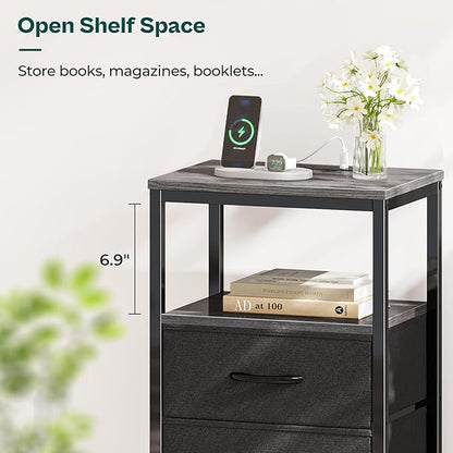 Huuger Nightstands Set of 2, End Tables with Charging Station, Side Tables with Fabric Drawers, Bedside Tables with USB Ports and Outlets, Night Stands for Bedroom, Charcoal Gray