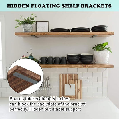 Heavy Duty Floating Shelf Brackets - 1/5 Inch Thick Industrial Black Metal L Brackets, Premium Solid Steel Shelf Supports for Shelves - 5 Inch Heavy Floating Shelves Hardware (6Pcs)
