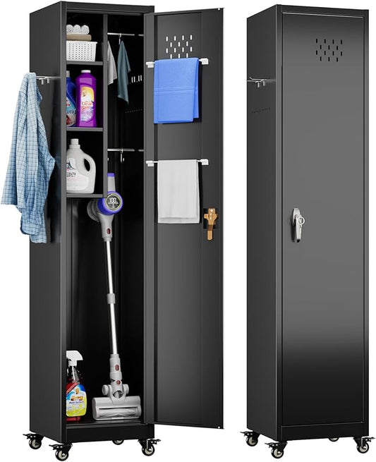 Broom Closet Storage Cabinet, 72" H Garage Storage Cabinet with Wheels, Lockable Door and Hooks for Garage Cleaning Supplies Broom Mops, Black, Assembly Required