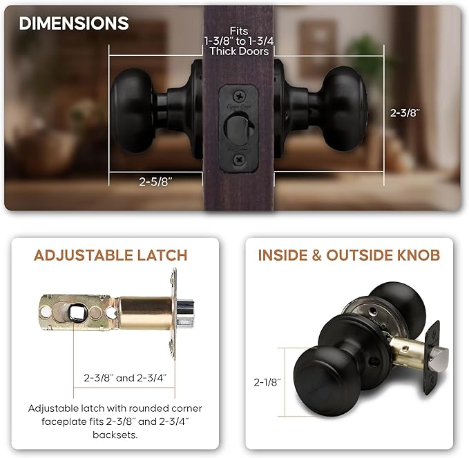 Copper Creek Colonial Passage Interior Door Knob – ANSI Grade-3 Certified, Modern Heavy Duty Handle, Easy Install and Reversible for Bedroom, Bathroom and Closets – Matte Black (1 Pack)